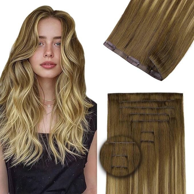 DOORES Invisible Clip in Hair Extensions 22 inch 150g 7pcs, Real Human Hair Invisi Edge Clip in Extensions, Virgin PU Clipins Straight Thickening, 6BT18D Medium Brown Highlighted Dirty Blonde