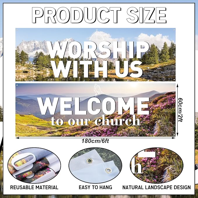 2 Pcs Worship with Us Large Banners 6 × 2ft Welcome to Our Church Flag Welcome - Image 4
