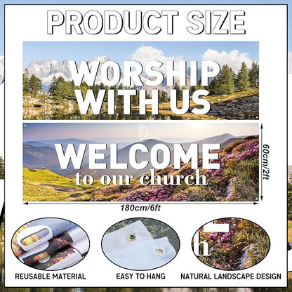 2 Pcs Worship with Us Large Banners 6 × 2ft Welcome to Our Church Flag Welcome - Image 4