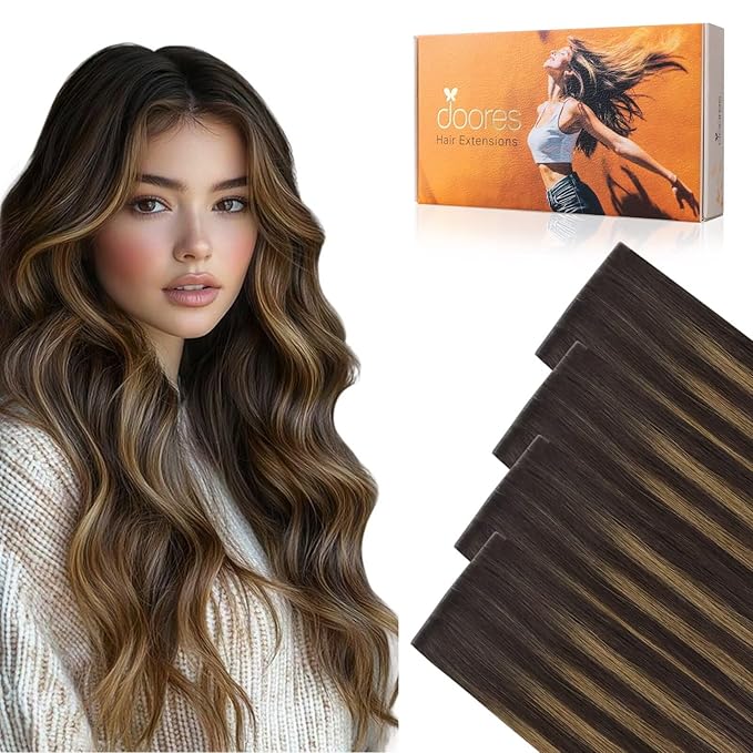 DOORES Invisi Edge Wide Tape in Human Hair Extensions, Dark Brown to Chestnut Brown 4PCS Injection Tape ins 20g 18 Inch, Injected 3 Inch Wide Extensions Straight for Thinning Hair