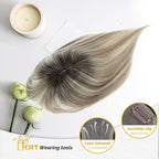 100% Real Human Hair Topper for Women Human Hair Pieces for Women 10 inch Ombre Light Brown with Blond Highlight Hair Hoppers with Bangs Swiss Base Clip in Bangs for Thinning Hair2T613