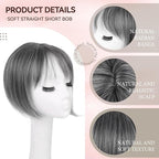 LEEONS Hair Toppers for Women Bob Toppers Hair Pieces for Women with Thinning Hair 360° 3D Cover Short Bob Wig Topper with Clip in Bangs Hair Pieces (Grey Mixed)