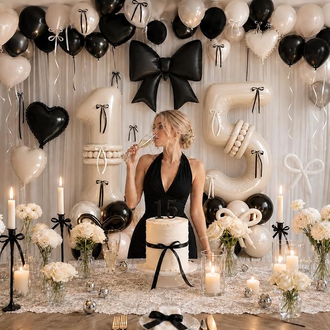 Beige Number 15 Balloon 40 Inch, Double Stuff Pearl White Black Cream Latex - Image 3
