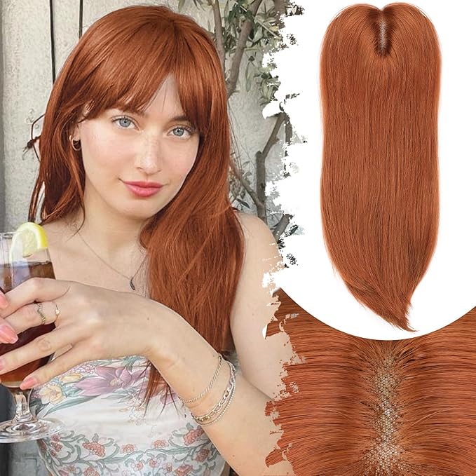 Hair Topper for Women Clip in Bangs – 18 Inch Medium Length Straight 360° Full Coverage Ginger,Synthetic Natural Looking Piece for Thinning Hair