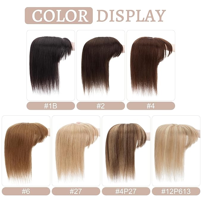 Hair Toppers for Women Real Human Hair With Bangs, 13 * 15 cm Larger Silk Base 150% Density Clip In Topper Hairpieces, Wiglet Top Pieces Add Volume -10 Inch 04 Medium Brown