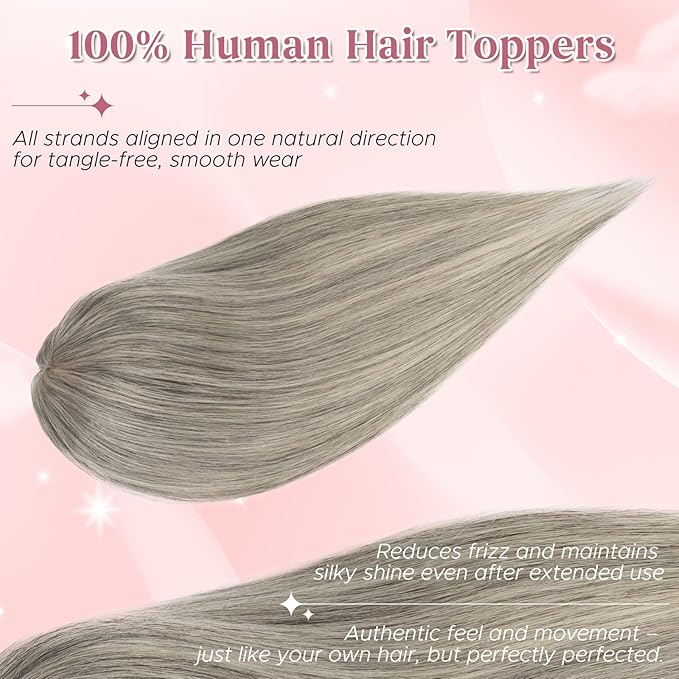 Real Human Hair Toppers for Women 3.54"*4.72" Silky Base 150% Density With Bangs Adjustable Parting Clip-In Topper Hairpieces for Women with Thinning Hair 12 Inches White Mixed Natural Black