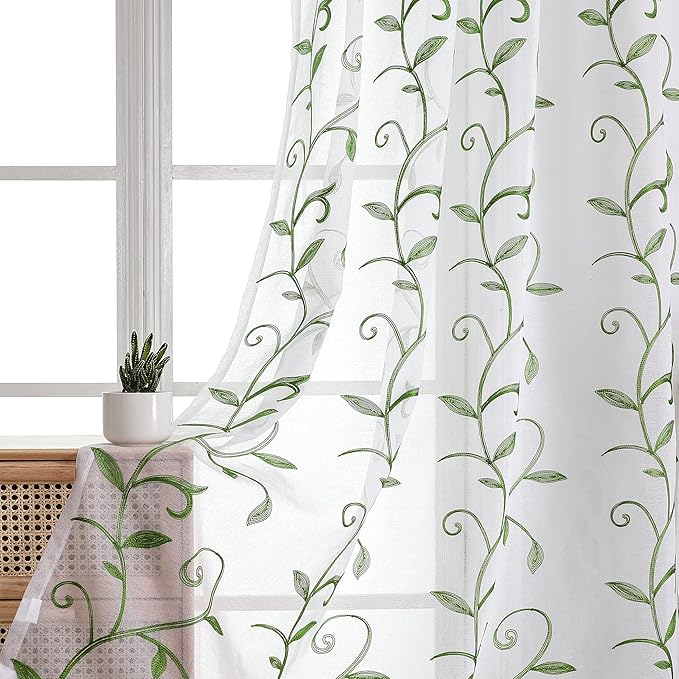 White Sheer Curtains Green Embroidered Leaves 2 Panels 54Wx108L | Light by VISIONTEX