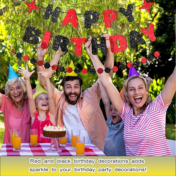 Red and Black Happy Birthday Banner Glitter Garland - Image 6