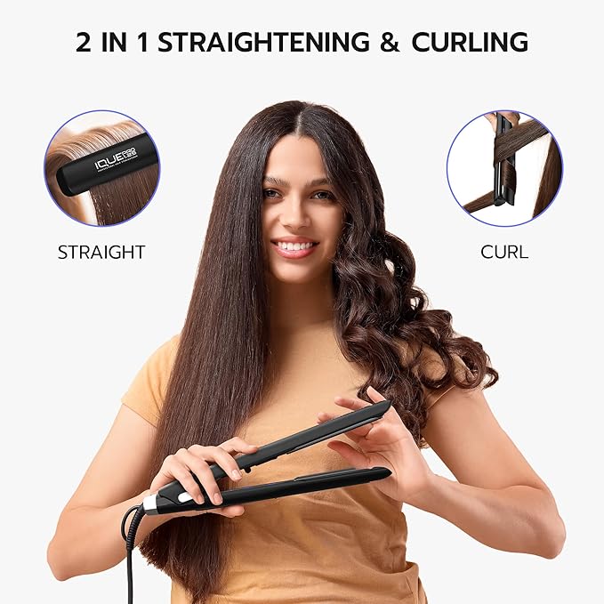 iQUE 1.25” Titanium Plates Hair Straightener & Curler 2-in-1 – Fast Heat-Up Flat Iron with Ionic Technology, Floating Plates, LCD Display, Adjustable Temp to 480°F, Dual Voltage for All Hair Types