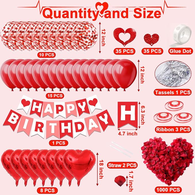 FECEDY Red Happy Birthday Banner Heart-Shaped Aluminum Foil Balloon Round Latex - Image 2