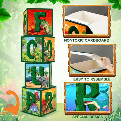 4 Pcs 4th Dinosaur Birthday Decorations Four Birthday Balloon Boxes Dino Party - Image 3