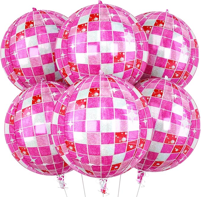 6pcs 22 Inch Pink Disco Ball Balloons, 4D Large Foil Aluminum Balloon by Paready