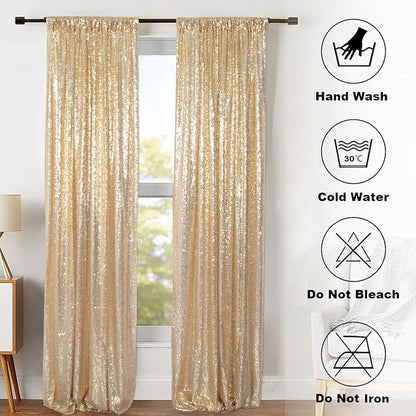 ShinyBeauty Light Gold Backdrop Sequin Curtains 4FTx7FT 2 Pieces Photograph - Image 5
