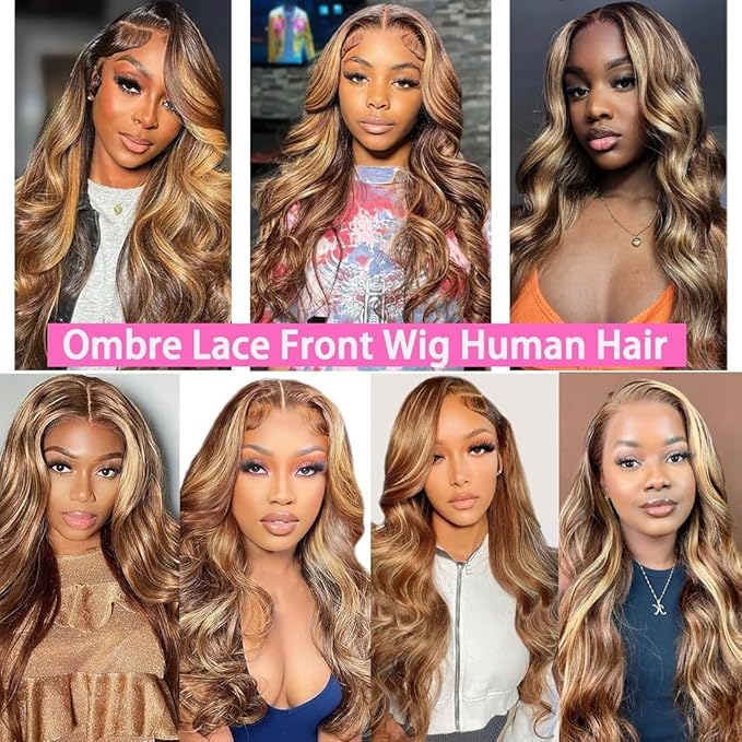 28 Inch 13x6 Lace Front Wigs Human Hair 200 Density P4/27 Highlight Ombre Body Wave HD Lace Front Wigs Human Hair Pre Plucked