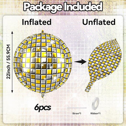 6pcs 22 Inch Gold Disco Ball Balloons, 4d Large Foil Aluminum Balloon - Image 2