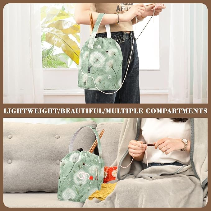 Dreamy Green Dandelions Yarn Bag Small Crochet Bag Drawstring Yarn Storage - Image 5