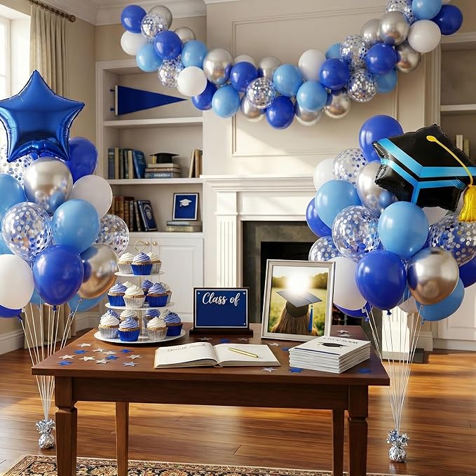 Blue Silver Graduation Balloons, Royal Light Blue Silver White Confetti Balloons - Image 4