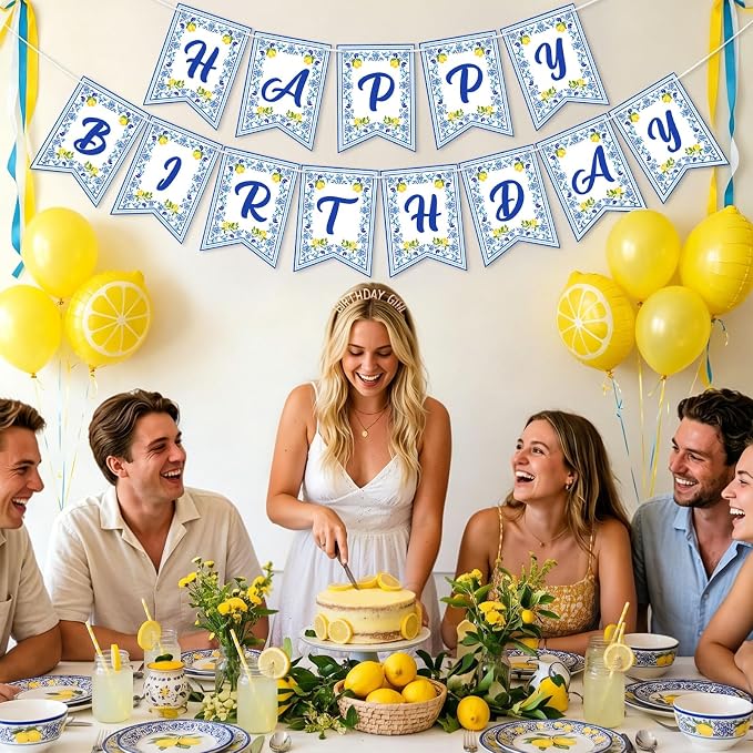 Lemon Happy Birthday Banner Blue Tiles Lemon Party Banner Triangle Flags Sign - Image 7