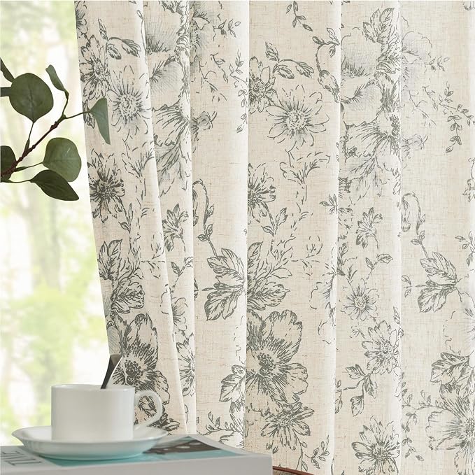 jinchan Gray Floral Linen Curtains Lined 84 Inch Vintage Back Tab 2 Panels | - Image 7