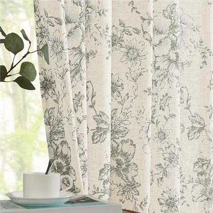 jinchan Gray Floral Linen Curtains Lined 84 Inch Vintage Back Tab 2 Panels | - Image 7