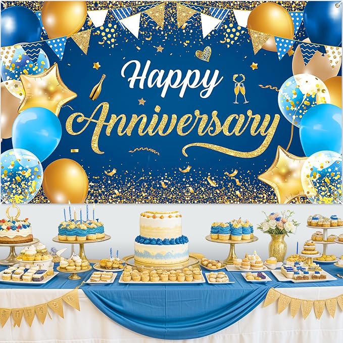 Blue & Navy Blue Gold Happy Anniversary Banner & Backdrop | Happy Anniversary - Image 2