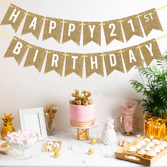 Netnology Pre-Strung Gold Glitter 21st Happy Birthday Banner Decorations | 12 - Image 4