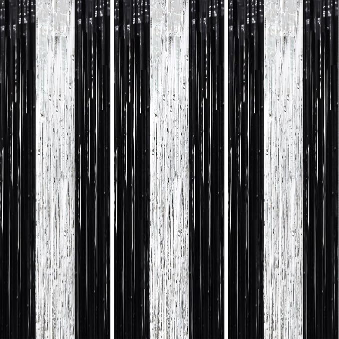 Voircoloria Black Silver Foil Fringe Backdrop Curtains, 3 Pack | Tinsel by Voircoloria