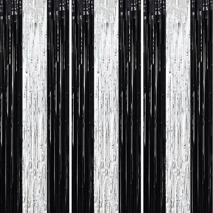Voircoloria Black Silver Foil Fringe Backdrop Curtains, 3 Pack | Tinsel by Voircoloria