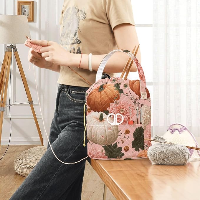 Halloween Pink Flowers and Pumpkins Yarn Bag Small Crochet Bag Drawstring Yarn - Image 6
