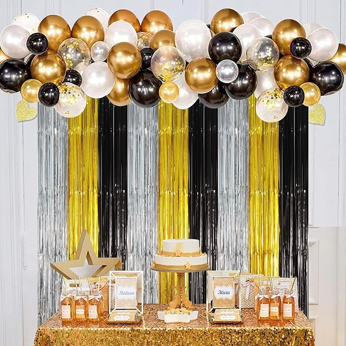 Voircoloria Black Gold Silver Fringe Backdrop Curtains, 3 Pack | Tinsel - Image 6