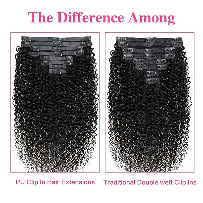 18 Inches Seamless Kinky Curly Clip in Hair Extensions Real Human Hair #1B Natural Color Brazilian Virgin 3c 4a Curly Clip ins Human Hair Extensions