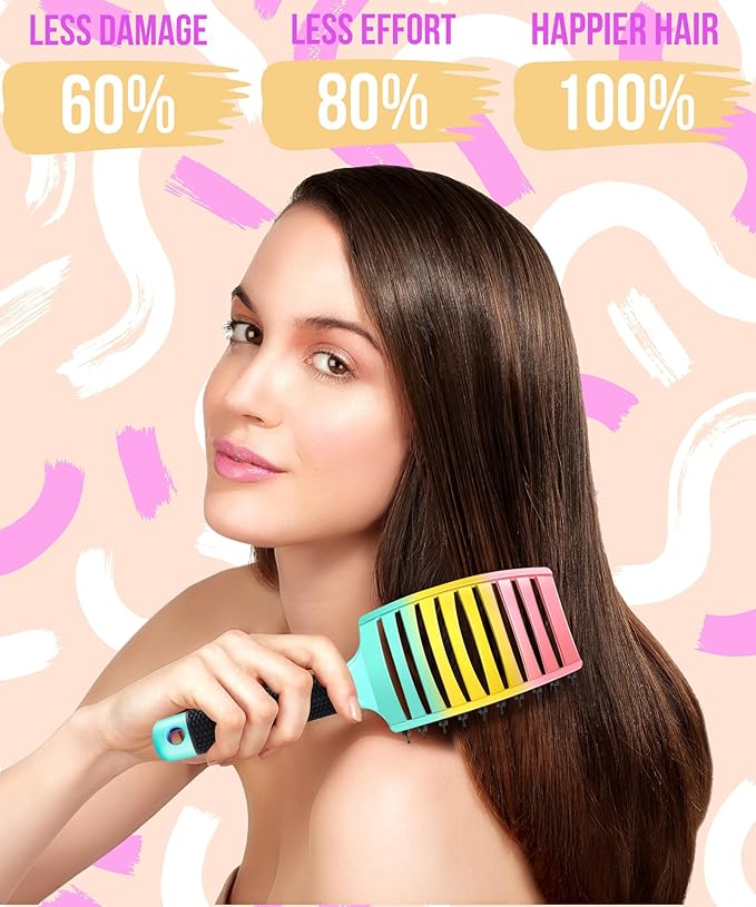 KTKUDY Detangling Brush Getting Knots Out without Pain - Boar Bristles HairBrush Make Hair Shiny & Healthier Vented Detangler Brush for Women Men Kids Wet and Dry Hair (Rainbow & Yellow-Purple)