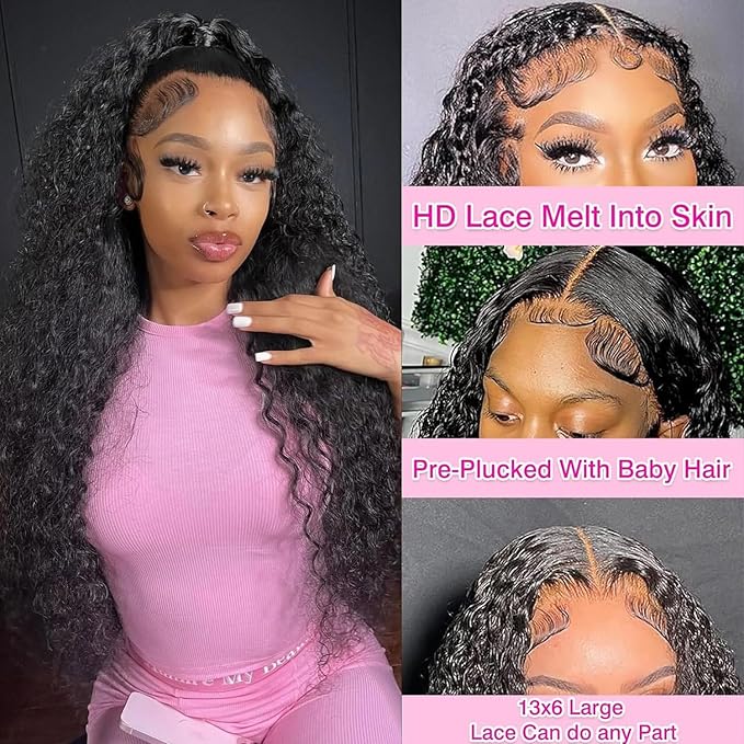26 inch Deep Wave Lace Front Wigs Human Hair 180 Density 13x6 HD Lace Frontal Wig Curly Wig Pre Plucked Wet and Wavy, Real Human Hair No Synthetic Blend No Tangle No Shedding Triple Lifespan 3X