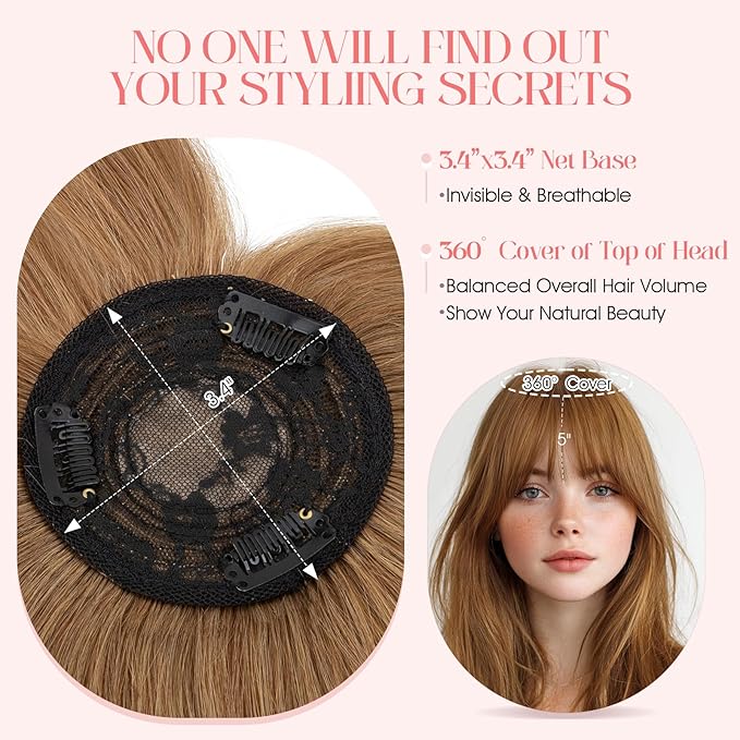 Hairro Mono Hair Toppers with Bangs, 3.4" x 3.4" Mono Base 100% Real Human Hairpieces for Women, 150% Density Clips In Topper for Greyish Thinning Hair, 14 Inch Blondish Brown