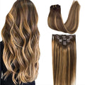 GOO GOO Clip in Hair Extensions Real Human Hair, Remy Human Hair Extensions Clip ins for Women, Natural Human Hair, 22inch 170g 7Pcs, #4/27/4 Balayage Chocolate Brown to Caramel Blonde