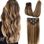 GOO GOO Clip in Hair Extensions Real Human Hair, Remy Human Hair Extensions Clip ins for Women, Natural Human Hair, 26inch 180g 7Pcs, #4/27/4 Balayage Chocolate Brown to Caramel Blonde