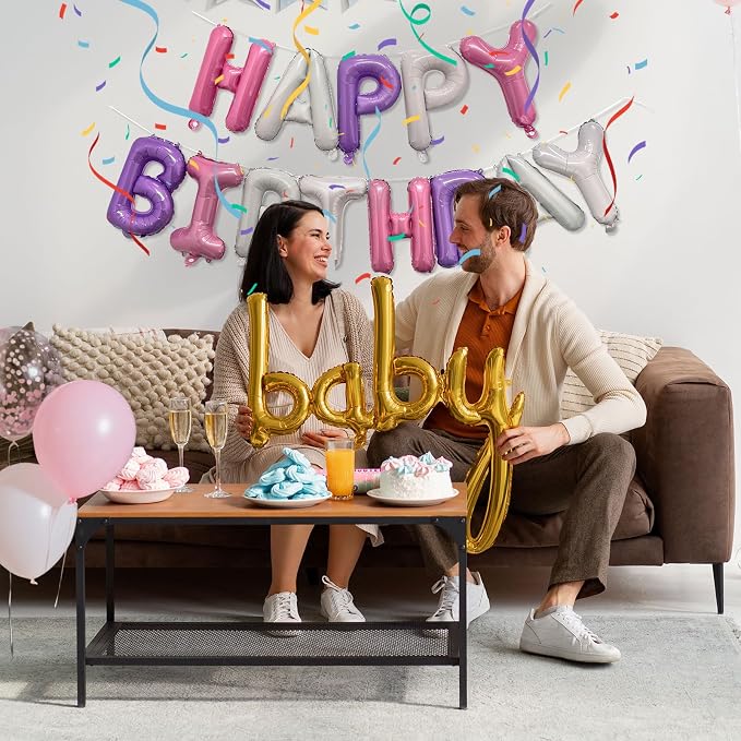 Pink Purple Happy Birthday Balloon Banner Set -16 Inch Foil Letters Balloons - Image 3