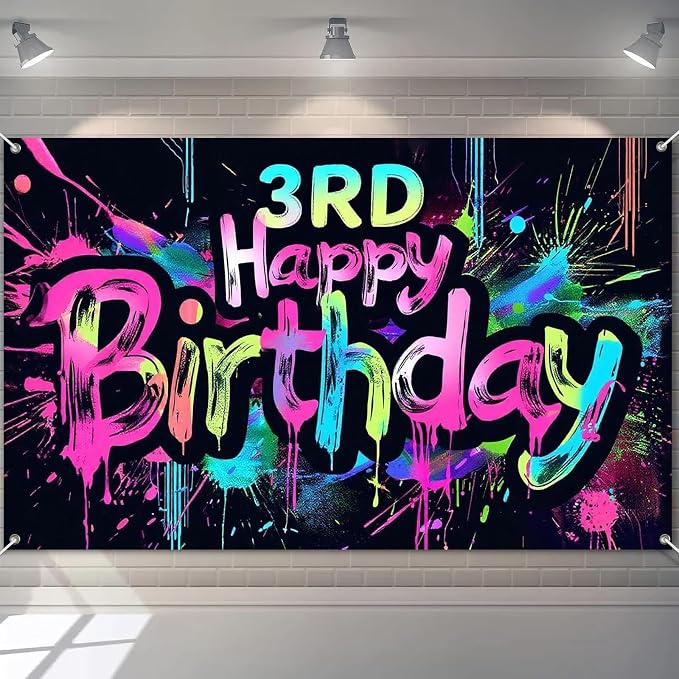 HOMETITUTE Neon 3rd Happy Birthday Banner 71x43 Inch Glow Party Decor | Glow in by HOMETITUTE