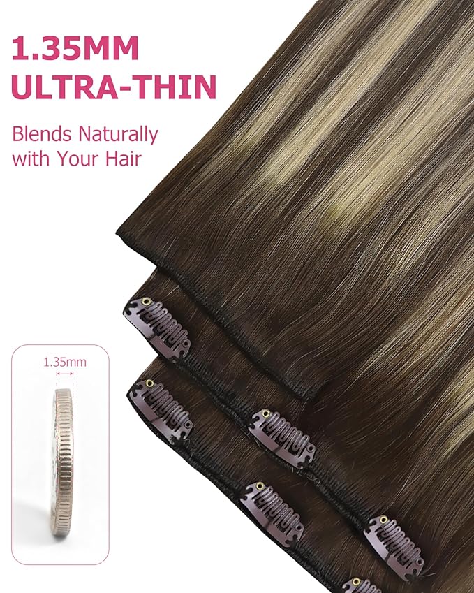 YoungSee 135G Clip in Human Hair Extensions Brown Balayage Hair Extensions Clip ins Chocolate Brown with Ash Blonde Invisible Clip on Brown Hair Extension Long-Lasting Add Volume 18Inch 7Pcs