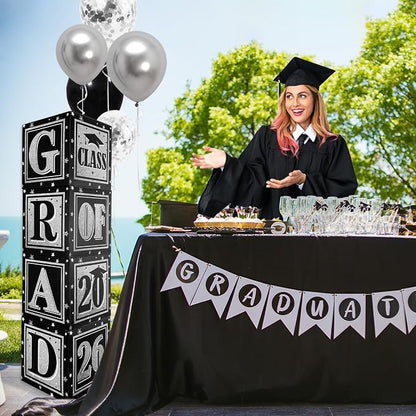 Black and Silver Graduation Decorations Class of 2026 Balloon Boxes - Image 3