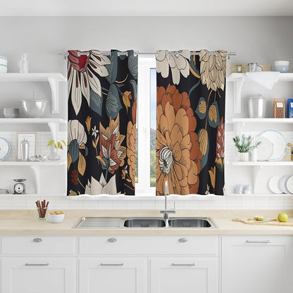 Tyrot Black Boho Floral 100% Blackout Curtains 45 Inch Long 2 Panels Mid - Image 2