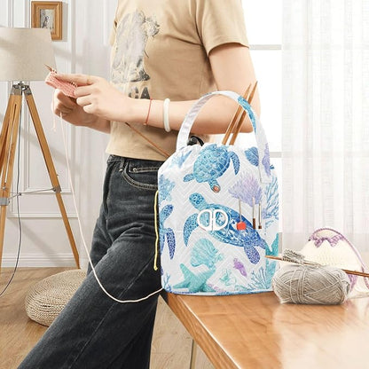 Line Art Turtles Starfish and Coral Yarn Bag Small Crochet Bag Drawstring Yarn - Image 6