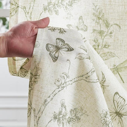 Green Floral Linen Curtains Farmhouse Rod Pocket 50W X 108L 2 Panels | - Image 5