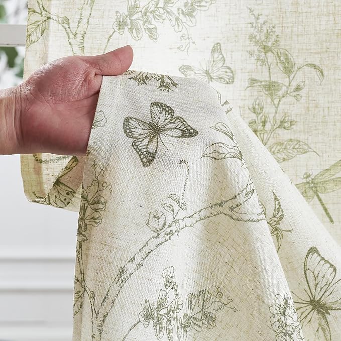 Green Floral Linen Curtains Farmhouse Rod Pocket 50W X 84L 2 Panels | Charlotte - Image 5
