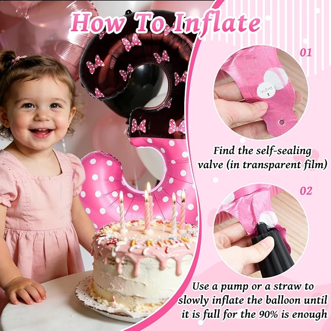 40 Inch Pink Cartoon Mouse Number 3 Balloon, Birthday Party Decorations | Black - Image 5