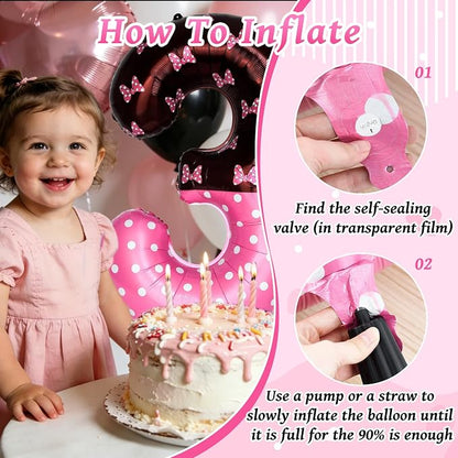 40 Inch Pink Cartoon Mouse Number 3 Balloon, Birthday Party Decorations | Black - Image 5