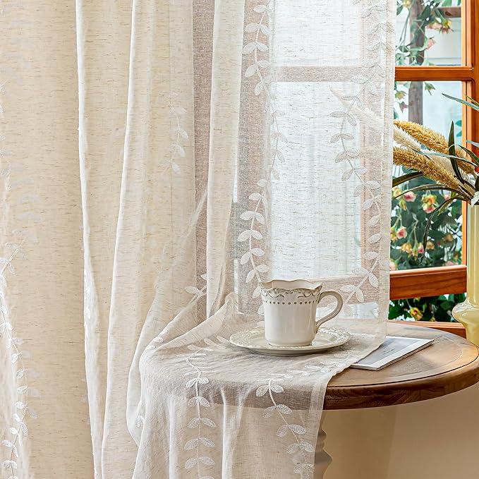 2 Panels Linen Leaf String Floral Embroidered Semi Sheer Curtain Farmhouse by AmHootextile