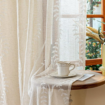 2 Panels Linen Leaf String Floral Embroidered Semi Sheer Curtain Farmhouse by AmHootextile