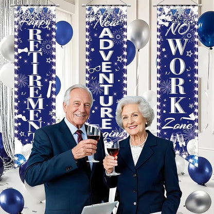 3Pcs Retirement Porch Sign Door Hanging Banner Blue Silver Happy Retirement - Image 5