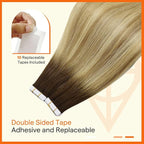 Full Shine Invisible Virgin Tape in Hair Extensions Color 3/8/22 Dark Brown Roots Fading to Brown And Blonde 12Inch Seamless Remy Hair Tape in Extensions Double Sided Skin Weft Natural 20 PCS 30 Gram